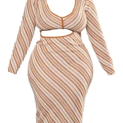 Plus Robe Mi-longue Marron Découpée à Rayures -Jolie Vêtue Soldes Magasin e6d079dbef929451a704e81f03dd6c350e9cd205 cnc7354 5