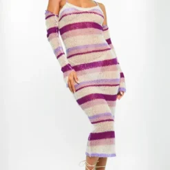 Robe Longue En Maille Tricot Ajourée à Rayures Lilas Et Manches -Jolie Vêtue Soldes Magasin e6e5bdeb2ab13e234b06a79c59028cb7cb93b514 cnc5961 3