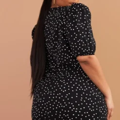Plus Robe Rétro Noire Imprimé Pois à Manches Bouffantes Et Col Bardot -Jolie Vêtue Soldes Magasin e7208554d740fdec766a52f193eadad81d689c78 cmw2873 3
