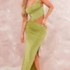 Robe Longue Moulante Vert Olive Découpée Sur Les Côtés à Bretelles Et Col Bénitier
