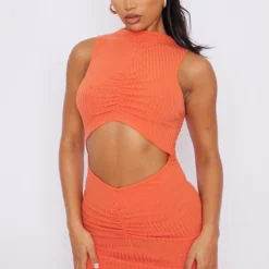 Robe Moulante Côtelée Froncée Orange Brûlé à Taille Découpée -Jolie Vêtue Soldes Magasin e75adca09cc7e85cc04ddccb8e96c5f836c39a35 cmz0597 4