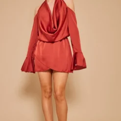 Robe Droite Satinée Rouille à Col Bénitier Et épaules Dénudées -Jolie Vêtue Soldes Magasin e7848d117338d8a34ed73899d0c548389c44a7ac cnd5829 3