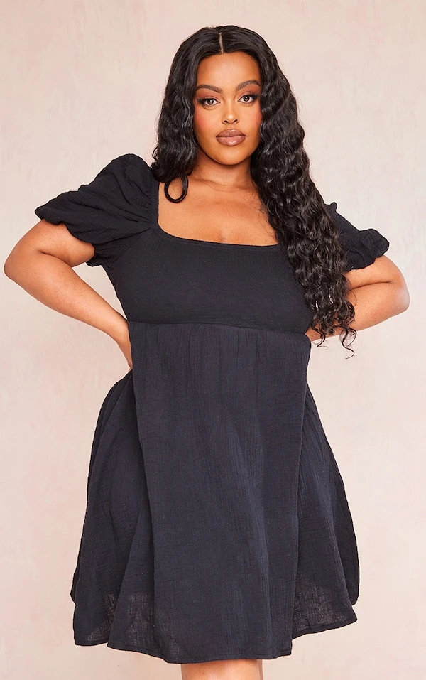 Plus Robe Droite En Effet Lin Texturé Noir à Manches Bouffantes 3 Plus Robe Droite En Effet Lin Texturé Noir à Manches Bouffantes