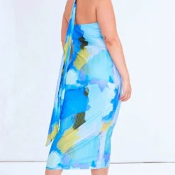 Plus Robe Mi-longue Plissée Bleue Imprimé Abstrait à Col Ras -Jolie Vêtue Soldes Magasin e790924cac9117bfc13039fb17a8dc75de6fde6e cne4197 2