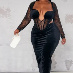 Plus Robe Corset Mi-longue Noire En Velours à Parties En Dentelle -Jolie Vêtue Soldes Magasin e7dfb9f4033cef1b6ff79474838026043b90416b cnb4171 3