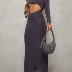 Robe Longue Moulante Découpée Gris Anthracite à Taille Froncée Et Manches Longues -Jolie Vêtue Soldes Magasin e8626f81a680695b846e9f47a8ca3af342ee145b cnd0413 3