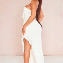 Shape Robe-bustier Longue En Maille Tissée Crème à Volants Et Fente -Jolie Vêtue Soldes Magasin e8d1eac19bf08bda7674a366d9662a671acef1f2 cne3477 2