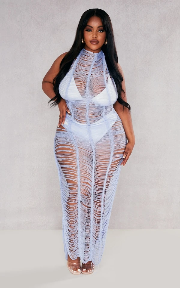 Plus Robe De Plage Frangée Bleu Turquoise 5 Plus Robe De Plage Frangée Bleu Turquoise – Image 3