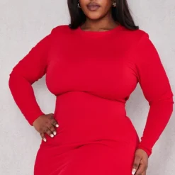 Plus Robe Moulante Rouge Fendue à épaulettes