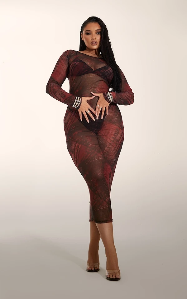 Plus Robe Longue En Mesh Bordeaux Imprimé Jean 5 Plus Robe Longue En Mesh Bordeaux Imprimé Jean – Image 3