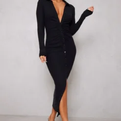 Robe Chemise Longue Côtelée Brossée Noire à Fronces Et Manches Longues -Jolie Vêtue Soldes Magasin ea2879dda3136ac69b8c6a42b8ed7959b537b1d7 cmu8781 4