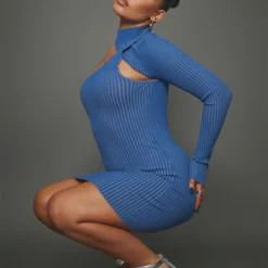 Robe Asymétrique En Maille Côtelée Bleue à Deux Tons -Jolie Vêtue Soldes Magasin eac8362aee82b0eb3b95ecdf141064a97b0e78d4 cna9545 3