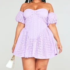 Plus Robe Droite En Broderie Anglaise Lilas à Manches Bouffantes -Jolie Vêtue Soldes Magasin eca278b80bd899267ea34074474b8c5b347db44b cne0767 3