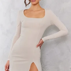 Tall Robe Moulante Fendue Gris Clair Côtelée à Col Carré Et Manches Longues