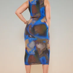 Plus Robe Mi-longue En Mesh Bleu Imprimé à Col Montant Et Dos Nageur -Jolie Vêtue Soldes Magasin ecc9ef7583587d55a0293deb5297532d088ba626 cnc2656 2