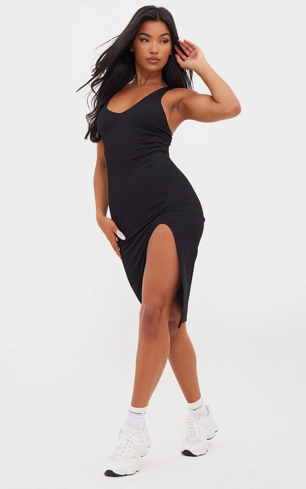 Robe Mi-longue Noire Côtelée à Bretelles Croisées Au Dos 5 Robe Mi-longue Noire Côtelée à Bretelles Croisées Au Dos – Image 3