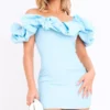 Robe Moulante Effet Lin Bleu Clair Volantée à Col Bardot