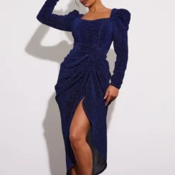 Robe Mi-longue Plissée Pailletée Bleu Marine Fendue à Manches Bouffantes -Jolie Vêtue Soldes Magasin edee8331cbeb60b43ab20ddb04a717b493954cd3 cnb7989 4