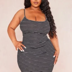 Plus Robe Moulante Noire à Rayures Et Bretelles -Jolie Vêtue Soldes Magasin ef49233b549b1cc58990f2b7b2bd295e6262918a cne4172 3