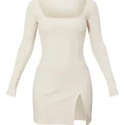 Robe Moulante Fendue Côtelée Crème à Col Carré Et Manches Longues -Jolie Vêtue Soldes Magasin ef9f342e22b41016a9cf56ad86e3e341da64c251 cmv1580 6