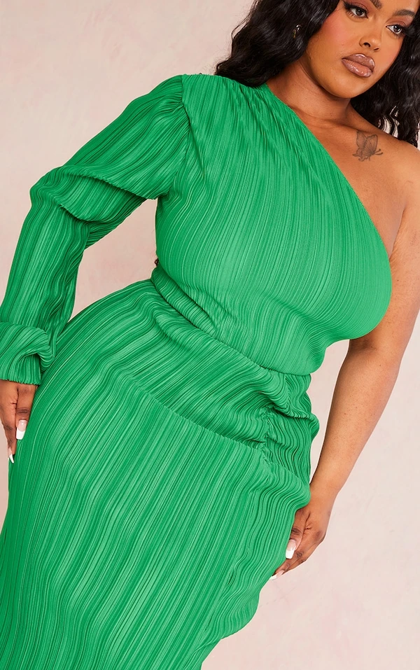 Plus Robe Mi-longue Plissée Vert Vif à épaule Unique Froncée 6 Plus Robe Mi-longue Plissée Vert Vif à épaule Unique Froncée – Image 4