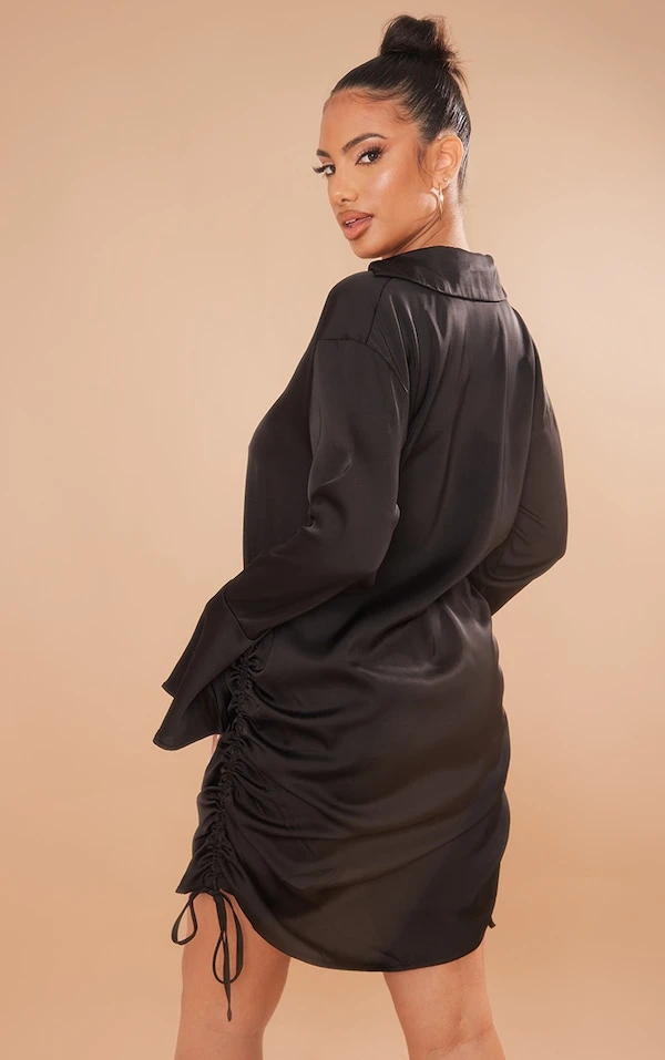 Robe Chemise Satinée Noire à Manches évasées à Double Fronce 4 Robe Chemise Satinée Noire à Manches évasées à Double Fronce – Image 2