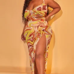 Plus Robe Longue Imprimé Abstrait Marron En Mesh -Jolie Vêtue Soldes Magasin efffc3ef68f653c17d1f9d757150d095d2289f9c cmw9525 4