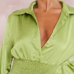 Robe Chemise Satinée Vert Olive à Taille Froncée -Jolie Vêtue Soldes Magasin f007eb8a7b8d40617a1a9a5d5e31a5589962dbe3 cne1414 4
