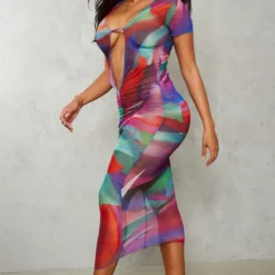 Shape Robe Longue Transparente Froncée Multicolore Imprimée à Décolleté -Jolie Vêtue Soldes Magasin f05e060fada124ded38eb056dd56842392eea25e cne3661 3