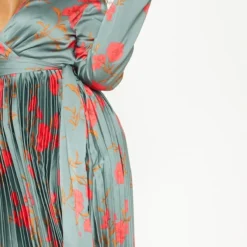 Plus - Robe Vert émeraude Florale Mi-longue Plissée à Manches Longues -Jolie Vêtue Soldes Magasin f08b92c2a522a5161780b0366d15b398676b0625 cma1227 5