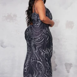 Plus Robe Longue Plissée Imprimé Tourbillons Noirs à Col Bénitier -Jolie Vêtue Soldes Magasin f0ab1fca25cee706d46a78f55eeec7373ebd7760 cnb9041 2