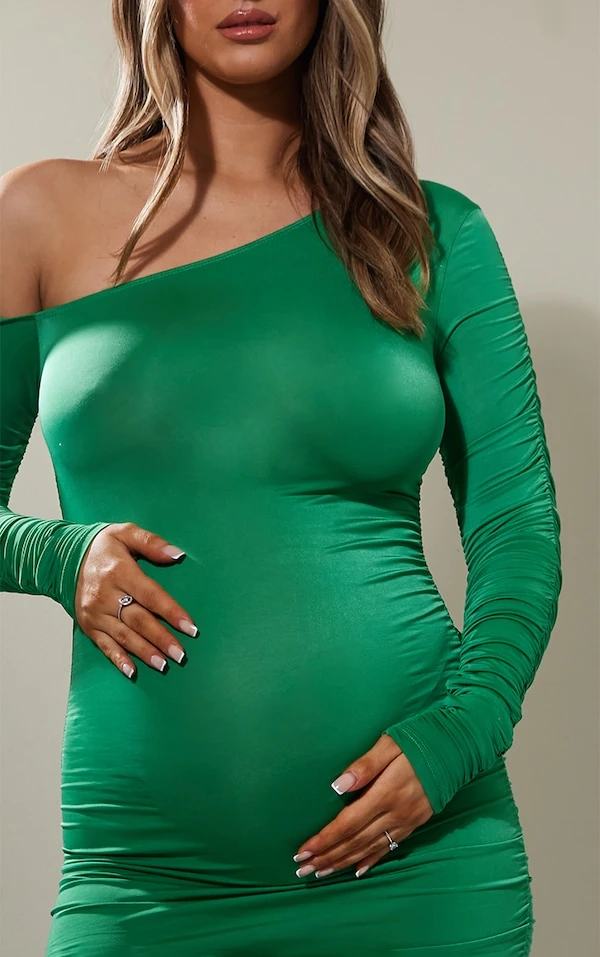 Maternité Robe De Grossesse Asymétrique Longue Vert émeraude à Fronces 6 Maternité Robe De Grossesse Asymétrique Longue Vert émeraude à Fronces – Image 4