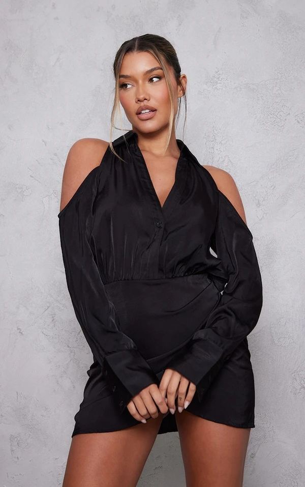 Robe Chemise Cache-coeur Satinée Noire à épaules Dénudées 3 Robe Chemise Cache-coeur Satinée Noire à épaules Dénudées