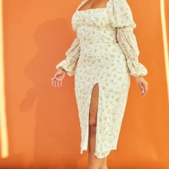 Plus Robe Mi-longue Jaune Fleurie à Manches Bouffantes -Jolie Vêtue Soldes Magasin f1f99d925c612f1fe8404e6fc645f07918e4275c cmw4105 4