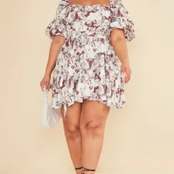 Plus Robe Bouffante Nouée à La Taille Fleurie Marron