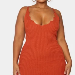 Plus Robe Pull Moulante Rouille à Ourlet Festonné -Jolie Vêtue Soldes Magasin f2791bb6e297c09a34300d29571c738a136bb6dd cmn5997 1