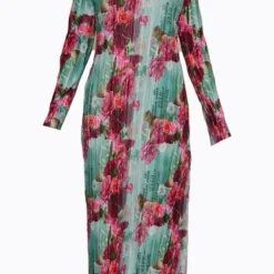 Robe Mi-longue Plissée Rose Imprimé Roses à Manches Longues Et Fente -Jolie Vêtue Soldes Magasin f28604d86daed4e64626b414c5fd0ba97a0d5079 cnd2180 5