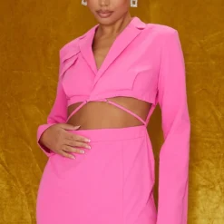 Robe Moulante Style Blazer Utilitaire Rose En Maille Tissée à Découpes Et Taille Nouée -Jolie Vêtue Soldes Magasin f2bd10d9670306c9fefbb07de3ed181a5653221e cmu1262 4
