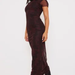 Robe Longue Bordeaux Fleurie En Mesh à Manches Courtes -Jolie Vêtue Soldes Magasin f3b6bc700da08a2b7d986851b618c03f52d1689d cnb1070 3