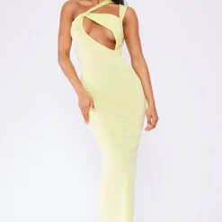 Robe Asymétrique Longue Très Moulante Vert Citron à Bretelle Nouée