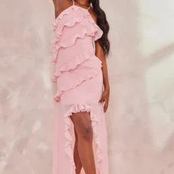 Tall Robe Longue Volantée Rose Tendre à Bretelles