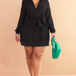 Plus Robe Chemise Texturée Noire à Nouer Sur La Taille -Jolie Vêtue Soldes Magasin f539c4d16c58bbd01aafe864b2922a92e2378307 cmw2841 4