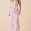 Robe Longue En Mousseline De Soie Rose Fleurie Et Volants