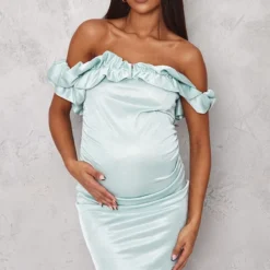 Maternité Mini Robe De Grossesse Ajustée Verte Métalissée à Fronces