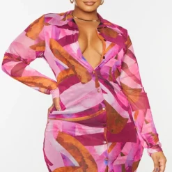 Plus Robe Chemise Rose Imprimé Abstrait En Mesh Boutonnée -Jolie Vêtue Soldes Magasin f6618a088883cfb6baede88da2b9f0579030953e cms6627 4