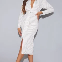 Robe Chemise Mi-longue Blanche Rayée à Taille Nouée Et Jupe Froncée -Jolie Vêtue Soldes Magasin f703f39fac4e690293393b8bf3c4c9fa7fdbf8aa cmw9551 4