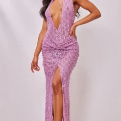 Robe Longue Drapée Lilas En Sequins à Décolleté Et Dos Nu