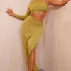 Shape Robe Asymétrique Moulante Longue Vert Olive à Côté Découpé