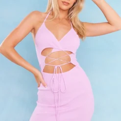 Robe Courte En Maille Tricot Lilas à Lacets Devant