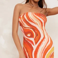 Robe Bustier Longue Moulante Orange à Imprimé Tourbillons -Jolie Vêtue Soldes Magasin f838a36e59bed3459aa4ae15decb5b584a162398 cne2718 4